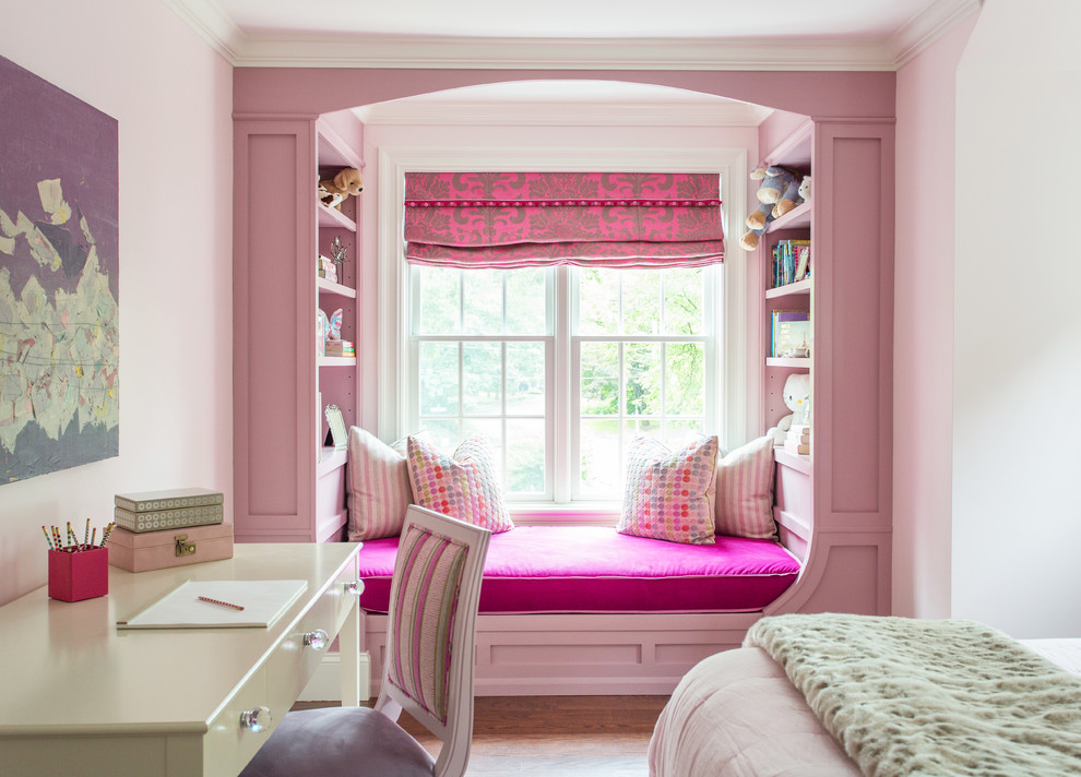 Design ideas for a mid-sized traditional bedroom in Boston with pink walls.
