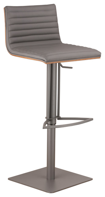 Carmichael Adjustable Gray Metal Barstool, Gray Faux Leather With Walnut Back