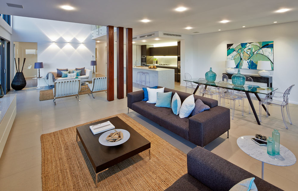 Inspiration for a contemporary open concept living room in Sydney with white walls.