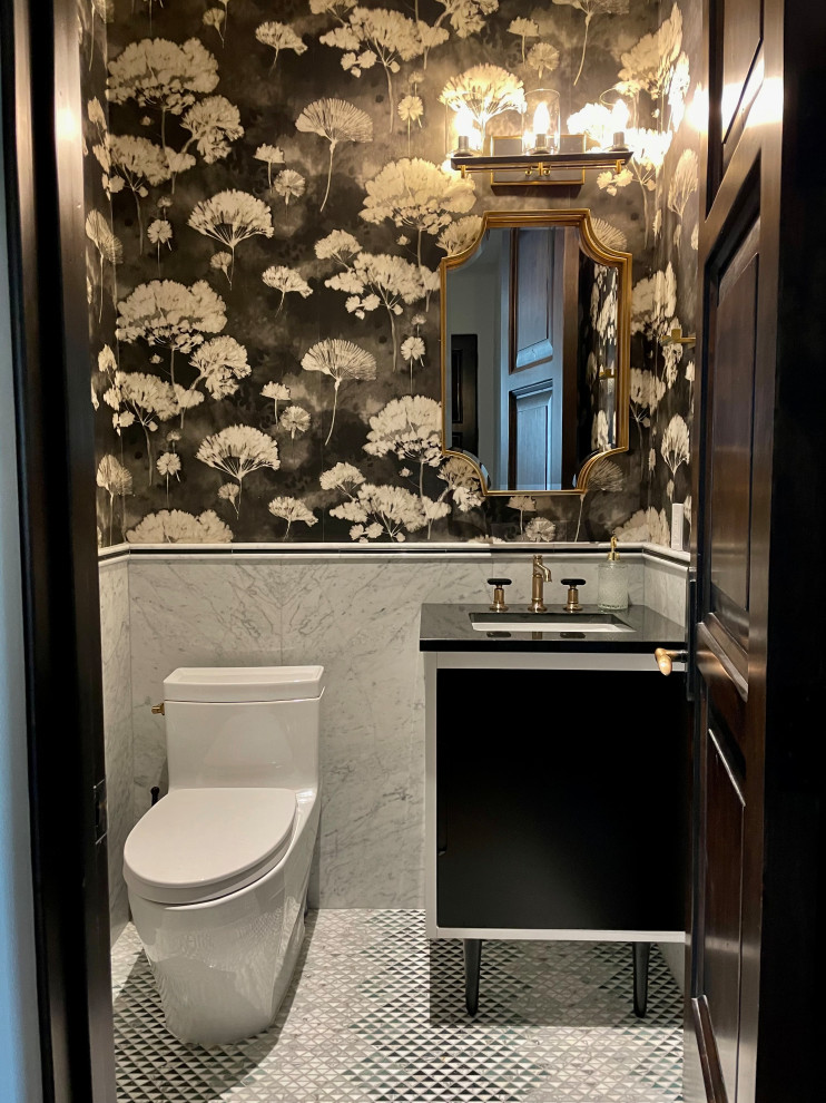 Small contemporary cloakroom in Phoenix with freestanding cabinets, black cabinets, a one-piece toilet, black and white tiles, marble tiles, multi-coloured walls, marble flooring, a submerged sink, marble worktops, multi-coloured floors, black worktops, a freestanding vanity unit and wallpapered walls.