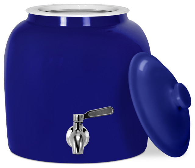 Solid Blue Porcelain Ceramic Water Dispenser Crock With Faucet, Lead Free Contemporary