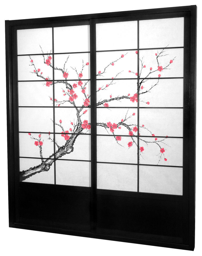 7' Tall Cherry Blossom Shoji Sliding Door Kit, Black
