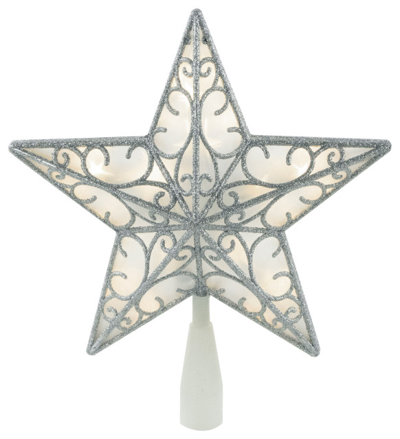 9" LED Lighted Silver Glitter Star Christmas Tree Topper Warm White ...