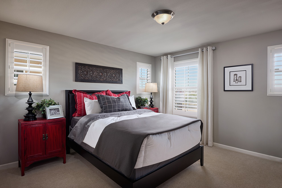 Bedroom - transitional carpeted and beige floor bedroom idea with gray walls