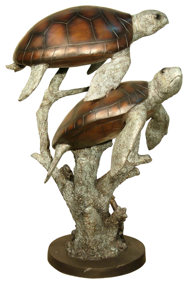 Pair Of Sea Turtles Bronze Sculpture Beach Style Decorative Objects And Figurines by