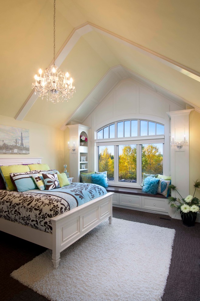 Design ideas for a mid-sized traditional guest bedroom in Calgary with yellow walls.