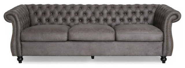 Gdf Studio Vita Chesterfield Microfiber Sofa With Scroll Arms Slate Dark Brown