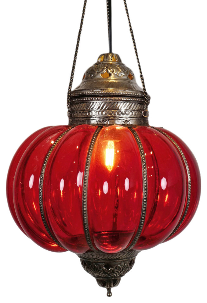 Consigned Red Pumpkin Lantern Large - Mediterranean - Pendant Lighting