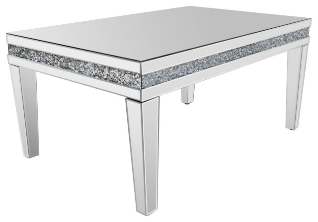 Elegant Coffee Table, Mirrored Design With Faux Crystal Diamond Inlay, Silver - Contemporary ...