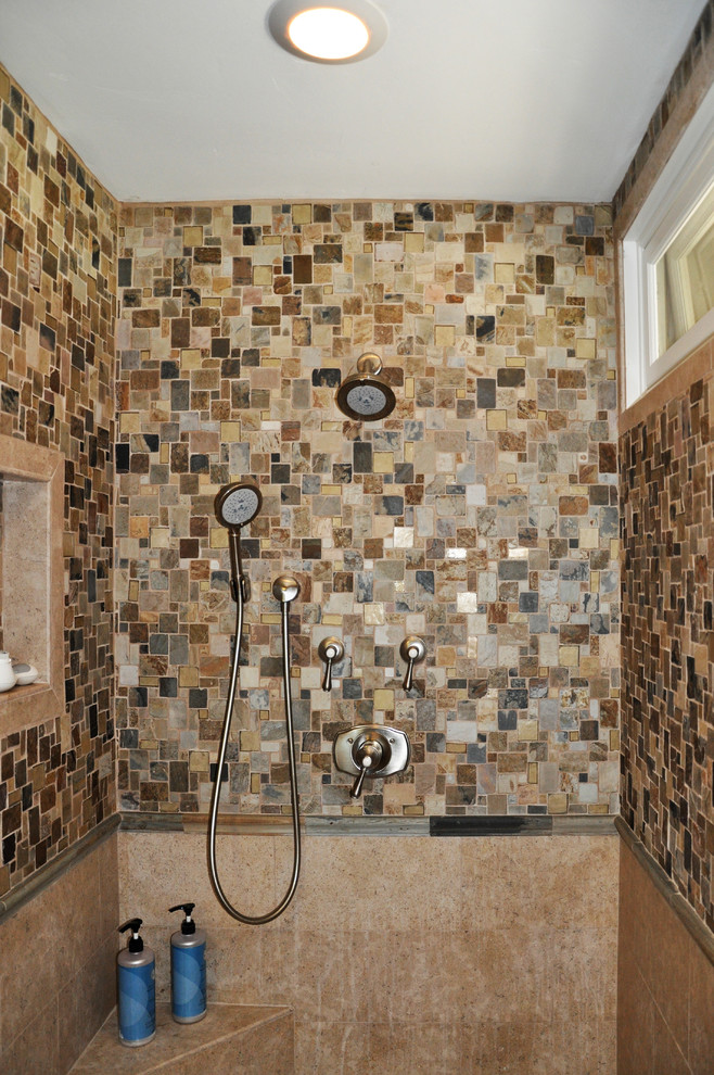 Mid-sized transitional 3/4 beige tile, black tile, brown tile, gray tile and mosaic tile alcove shower photo in Orange County with a hinged shower door