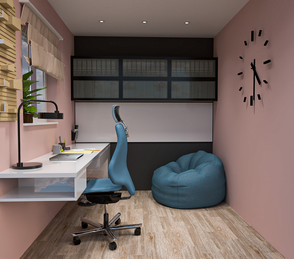 Design ideas for a small contemporary study room in Buckinghamshire with pink walls, vinyl floors, no fireplace and brown floor.