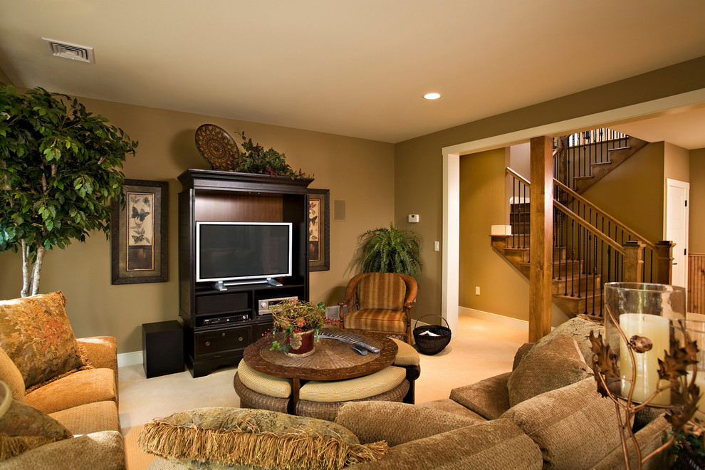 Inspiration for a large rustic walk-out carpeted basement remodel with beige walls and no fireplace