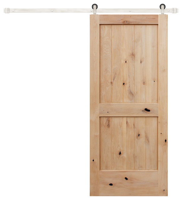 Unfinished Interior Knotty Alder 2 Panel V Groove Barn Door