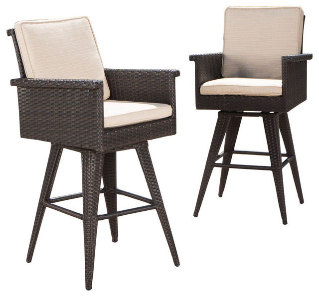 Gdf Studio Marbella Outdoor Dark Wicker Barstools With Cushions Set Of 2