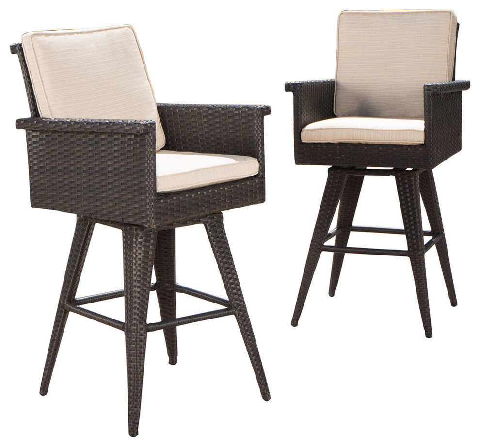 Gdf Studio Marbella Outdoor Dark Wicker Barstools With Cushions