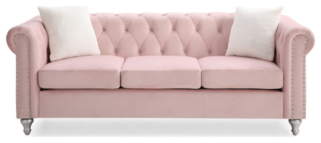 Raisa 83 in. Velvet 3-Seater Sofa With 2-Throw Pillow, Pink