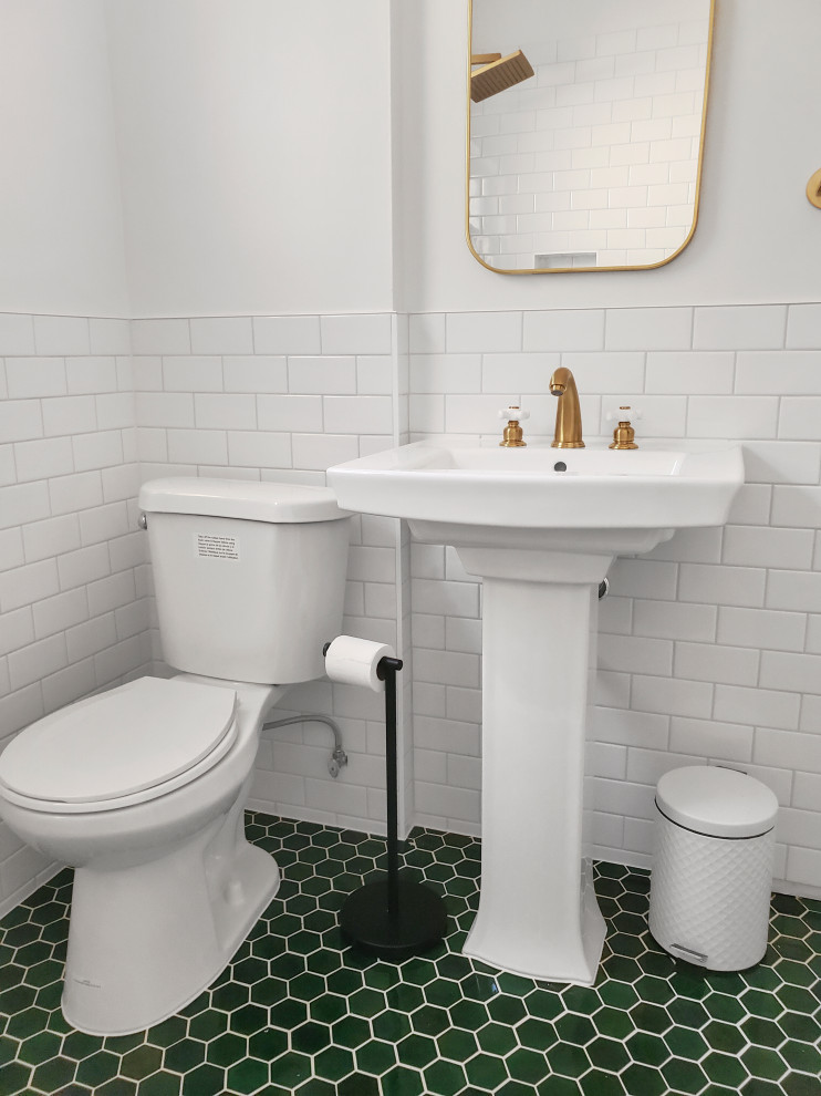 Design ideas for a small contemporary 3/4 bathroom in Seattle with an open shower, white tile, white walls, mosaic tile floors, a pedestal sink, green floor and a single vanity.