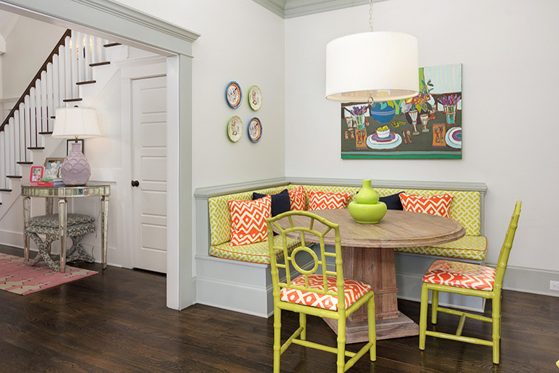 Kitchen/dining room combo - small transitional dark wood floor and brown floor kitchen/dining room combo idea in Atlanta with white walls