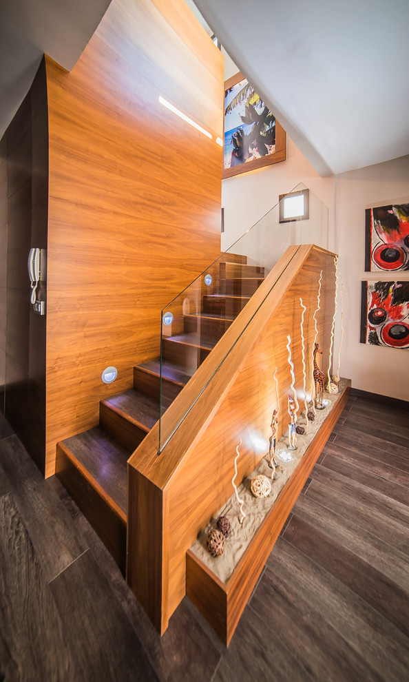 Design ideas for a mid-sized transitional wood l-shaped staircase in Other with wood risers.