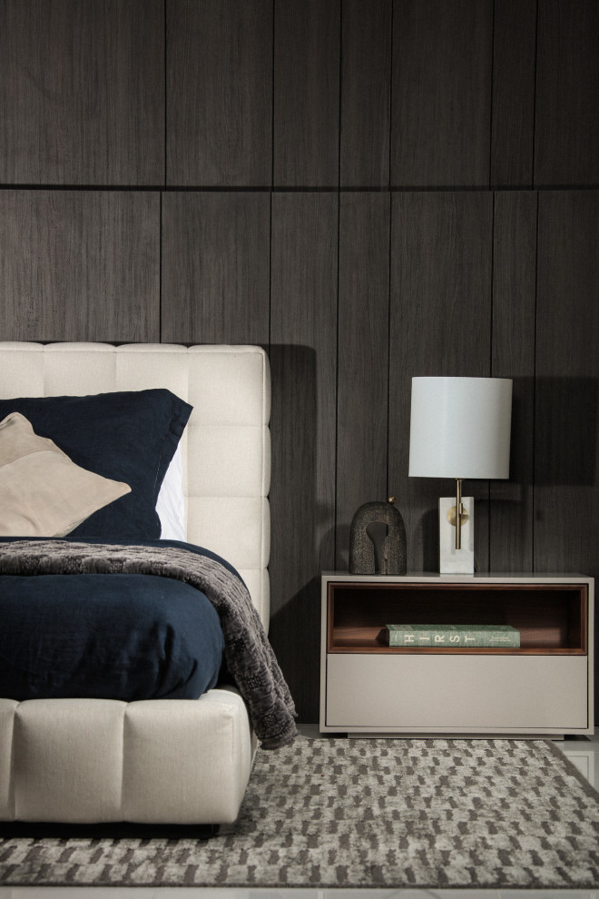 Inspiration for a contemporary guest bedroom in Miami with brown walls and panelled walls.