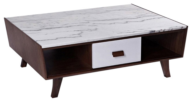 White Marble Top Coffee Table, Wood Base Marble Top Coffee Table