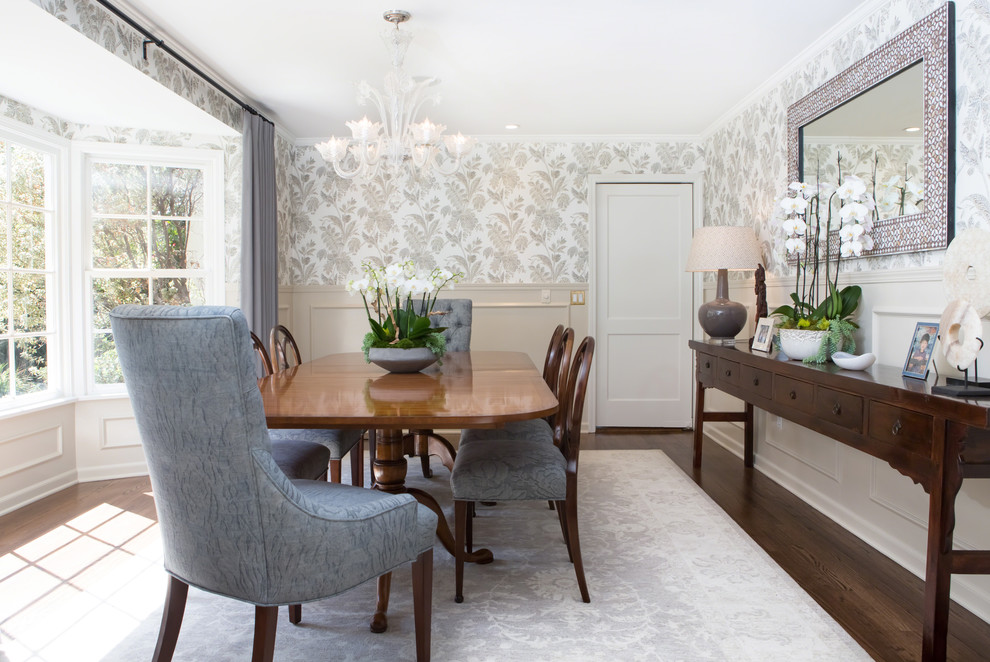 Inspiration for a mid-sized traditional separate dining room in Los Angeles with beige walls and dark hardwood floors.