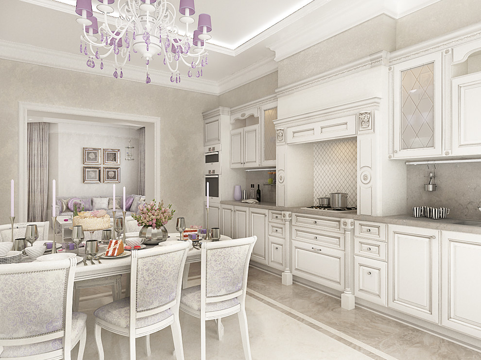 Кухня и гостиная в светлых тонах с сиреневыми акцентамикухня