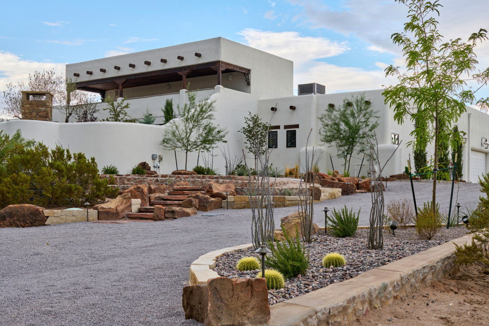 Свежая идея для дизайна: засухоустойчивый сад среднего размера на переднем дворе в стиле фьюжн с пустынными растениями и покрытием из гравия - отличное фото интерьера