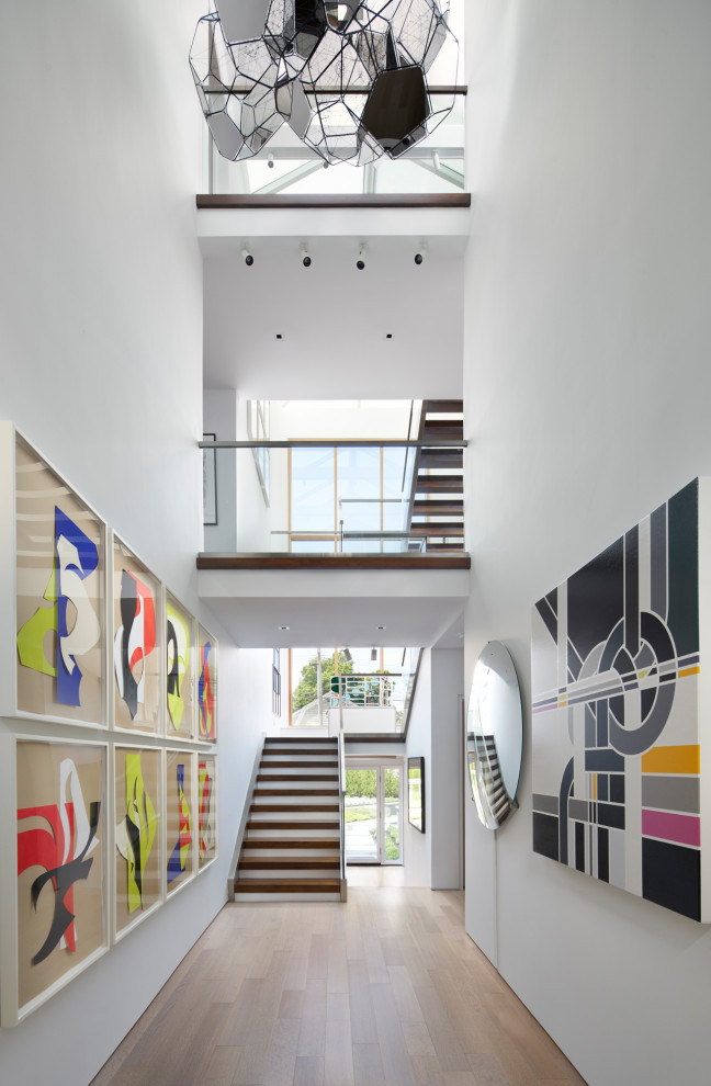 Photo of a large contemporary hallway in Other with white walls and light hardwood floors.