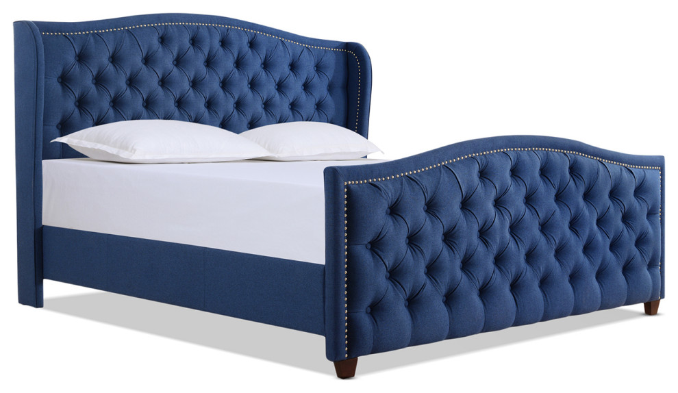 Marcella Upholstered Tufted Shelter Wingback Panel Bed, Dark Sapphire Blue Polyester, King