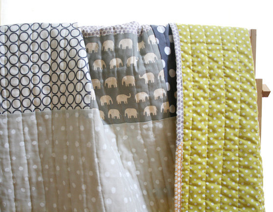 Elephants and Dots Crib Size Handmade Quilt by NAMOO