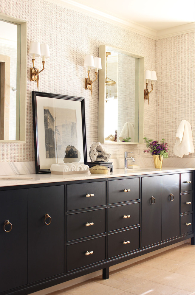 Inspiration for a transitional master bathroom in Omaha with brown cabinets, an undermount sink and flat-panel cabinets.