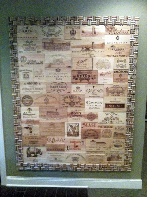 Eclectic Wine Cellar Cork Wine Crate Panel Wall with Cork Frame eclectic-wine-cellar