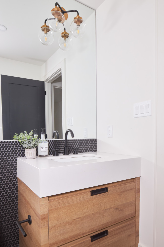 Inspiration for a small modern bathroom in Toronto with flat-panel cabinets, beige cabinets, white walls, a drop-in sink, engineered quartz benchtops, white benchtops, a single vanity and a built-in vanity.