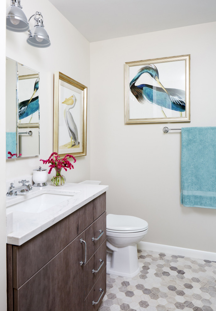 Design ideas for a mid-sized transitional kids bathroom in DC Metro with medium wood cabinets, a one-piece toilet, beige walls, white benchtops, flat-panel cabinets, mosaic tile floors, an undermount sink, granite benchtops and grey floor.
