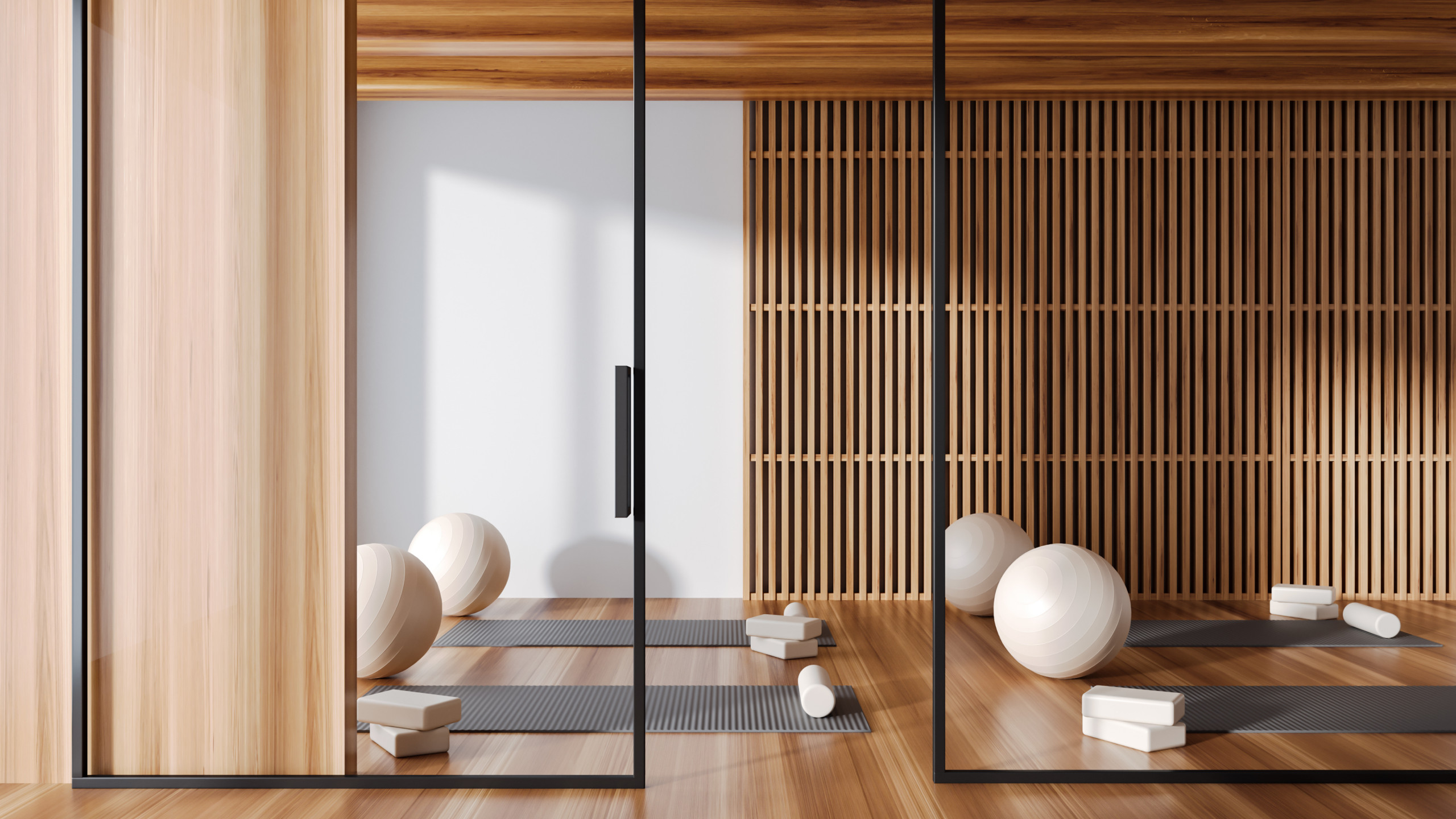 Minimalist Home Gym with Light Wood Accents in Leatherhead