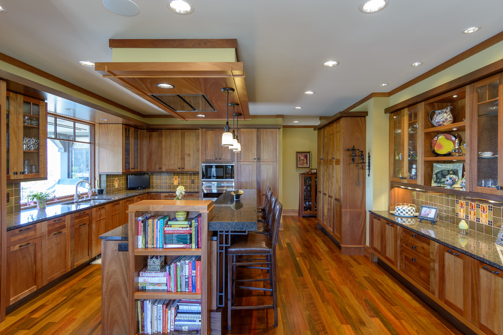 Photo of a large arts and crafts u-shaped kitchen in Minneapolis with a double-bowl sink, solid surface benchtops, panelled appliances, with island, brown splashback and medium hardwood floors.