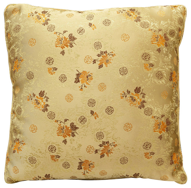Chinese Gold Floral Longevity Silk Pillow Asian Decorative