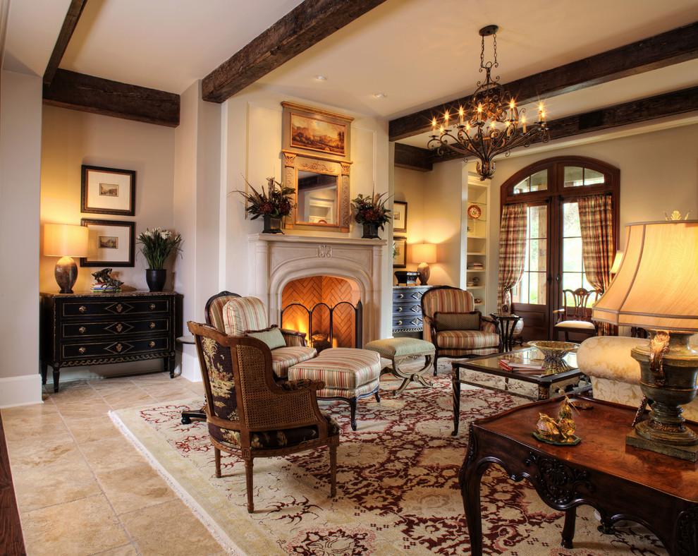 Inspiration for a large traditional formal open concept living room in Charleston with beige walls, ceramic floors, a standard fireplace, a stone fireplace surround and no tv.