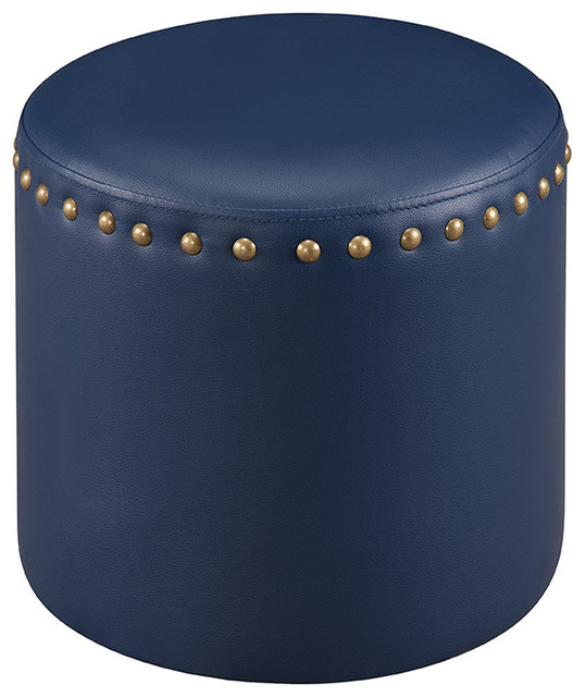 Nailhead Trim Upholstered Round Stool Ottoman Transitional Andrea Upholstered Ottoman With Nailhead Trim Blue