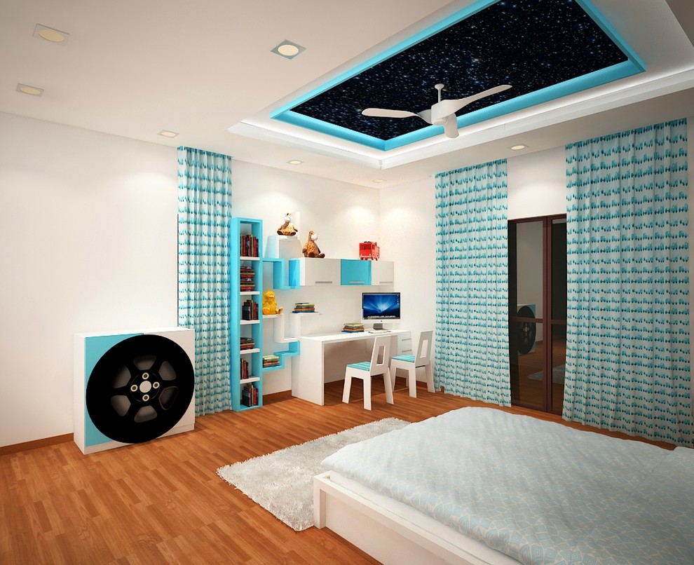 Photo of a mid-sized contemporary kids' room in Bengaluru with white walls and light hardwood floors.