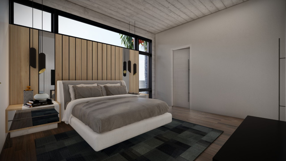 Mittelgroßes Modernes Gästezimmer mit weißer Wandfarbe, braunem Holzboden, braunem Boden und freigelegten Dachbalken in Houston