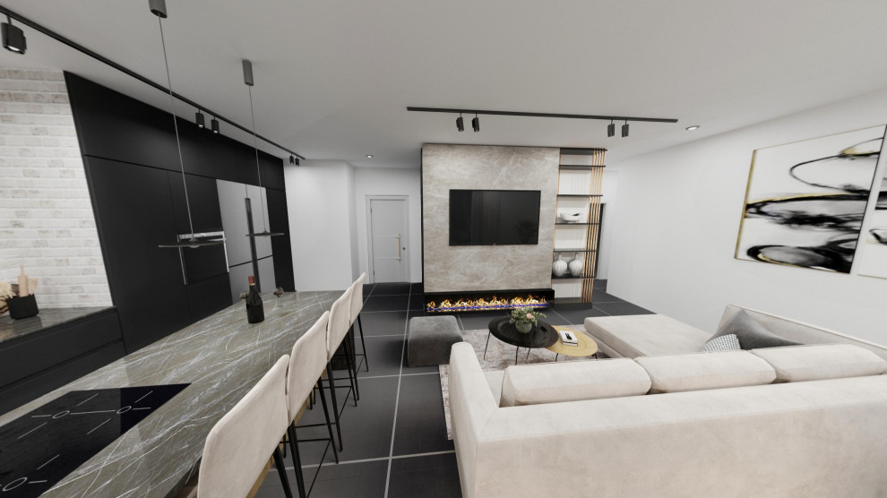 Inspiration for a small urban open plan living room in Los Angeles with white walls, ceramic flooring, a ribbon fireplace, a stone fireplace surround and black floors.