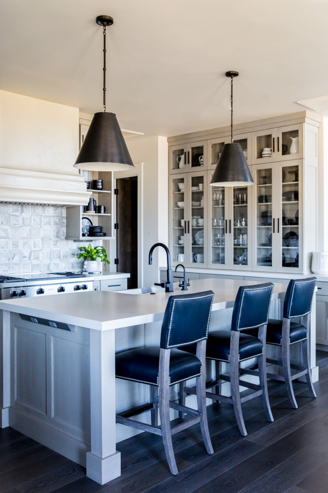 Design ideas for a large country single-wall eat-in kitchen in Salt Lake City with shaker cabinets, beige cabinets, white splashback, stainless steel appliances, dark hardwood floors, with island, brown floor and yellow benchtop.