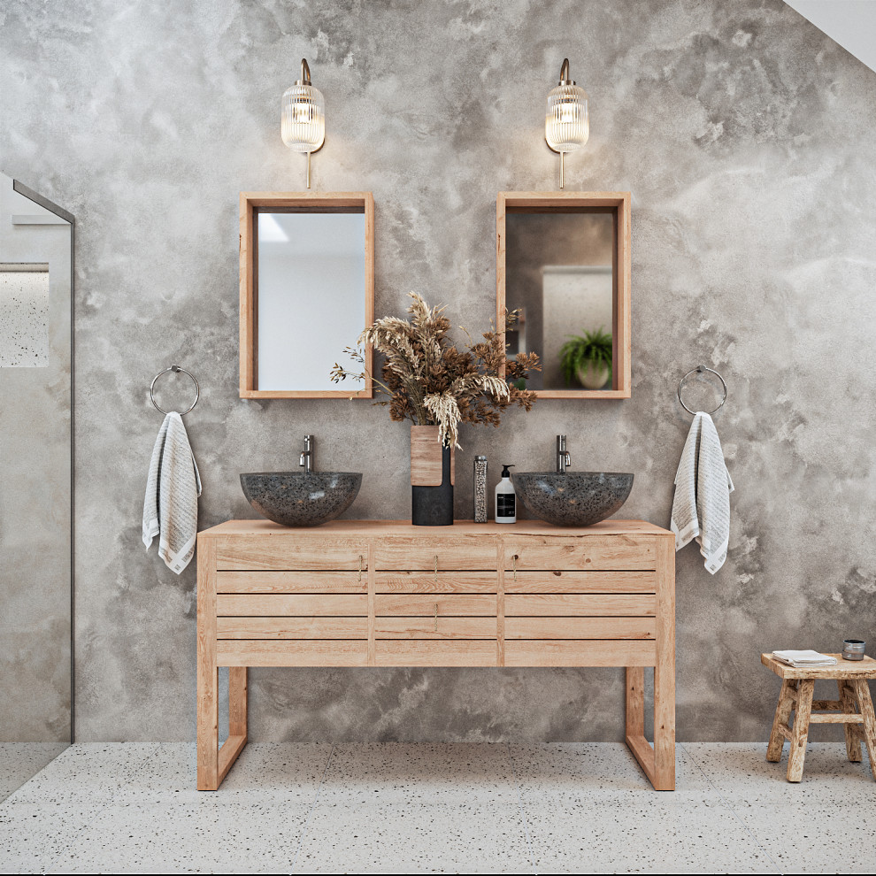 Bathroom - small master terrazzo floor, gray floor and double-sink bathroom idea in London with beaded inset cabinets, medium tone wood cabinets, a wall-mount toilet, gray walls, a vessel sink, wood countertops, brown countertops and a freestanding vanity