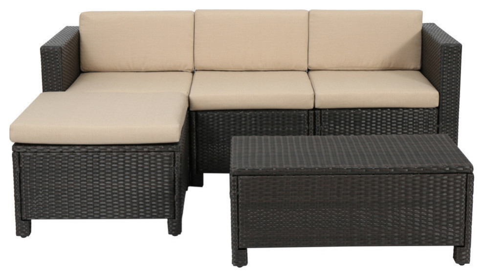 GDF Studio 5-Piece Lorita Outdoor Dark Wicker Sectional Sofa With Beige Cushions