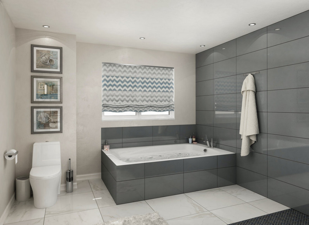 Photo of a medium sized contemporary ensuite bathroom in Toronto with white cabinets, a built-in bath, a walk-in shower, a one-piece toilet, grey tiles, ceramic tiles, white walls, cement flooring, a built-in sink, laminate worktops, white floors, an open shower, brown worktops, a shower bench, double sinks and a floating vanity unit.