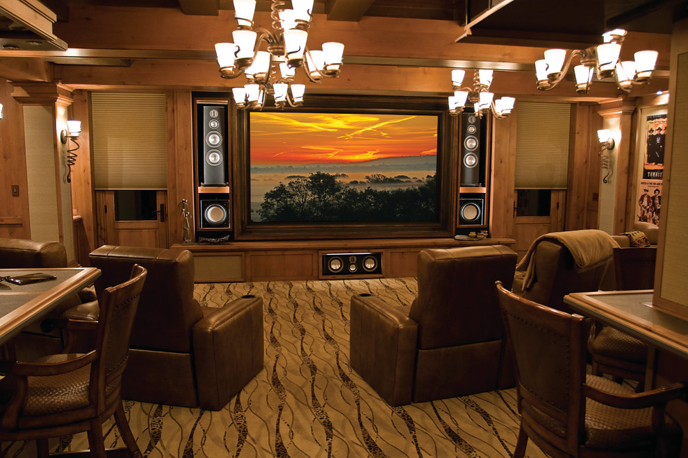 Design ideas for a large country open concept home theatre in Denver with a projector screen, white walls, carpet and multi-coloured floor.