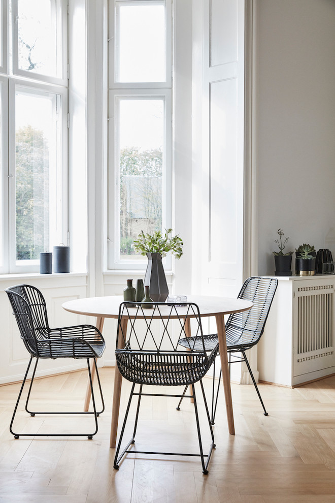 Photo of a mid-sized scandinavian dining room in Dresden with white walls and light hardwood floors.
