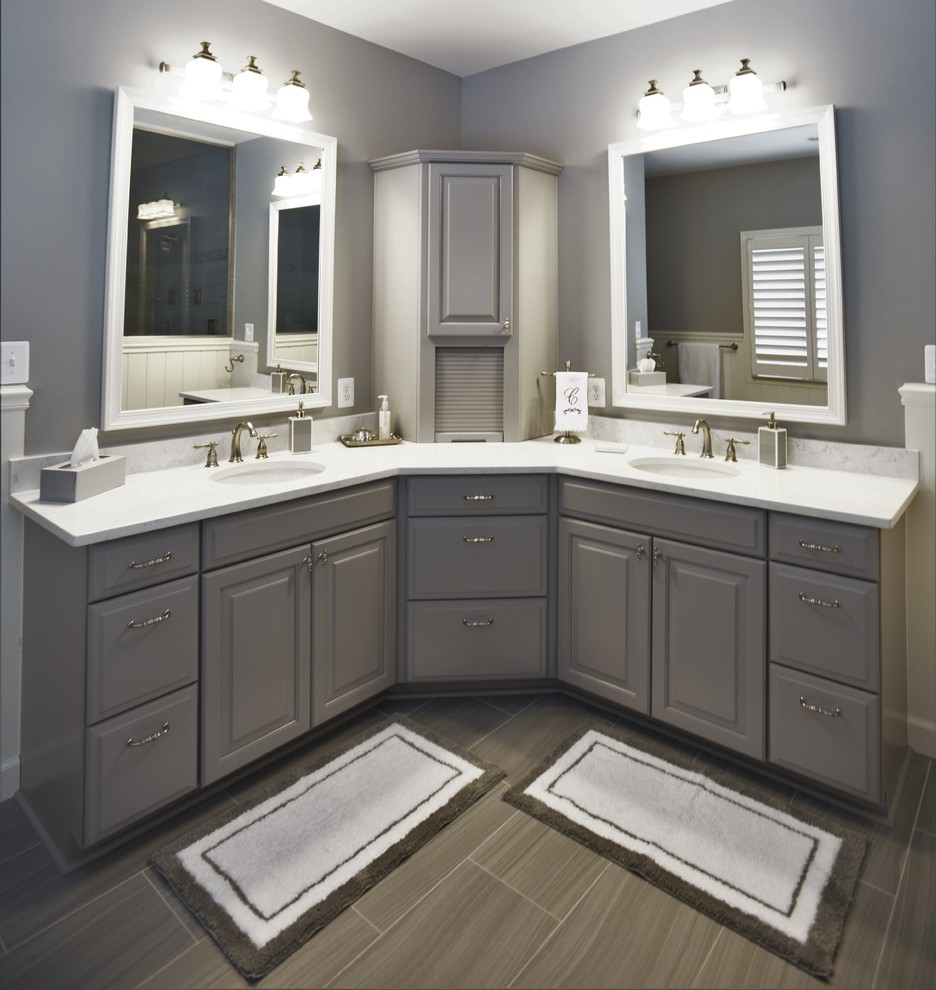 Photo of a large contemporary bathroom in Baltimore with raised-panel cabinets, grey cabinets, gray tile, porcelain tile, grey walls, porcelain floors, an undermount sink, engineered quartz benchtops and with a sauna.
